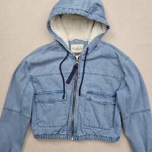 Ashley Vintage Charm Blue Hooded Cropped Lined Fur Denim Jacket Size Medium